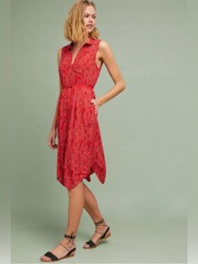 Maeve by Anthropologie Red Vicki Floral-Print Shirtdress High-Low Dress Feminine